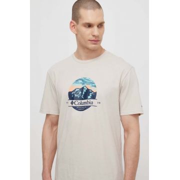 Columbia tricou din bumbac Path Lake bărbați, culoarea bej, cu imprimeu 1934814