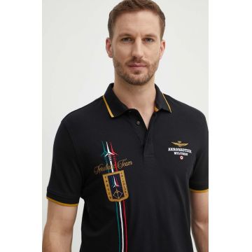 Aeronautica Militare tricou polo barbati, culoarea negru, cu imprimeu, PO1763P191