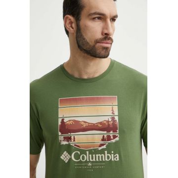 Columbia tricou din bumbac Path Lake bărbați, culoarea verde, cu imprimeu 1934814