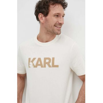Karl Lagerfeld tricou din bumbac barbati, culoarea bej, cu imprimeu