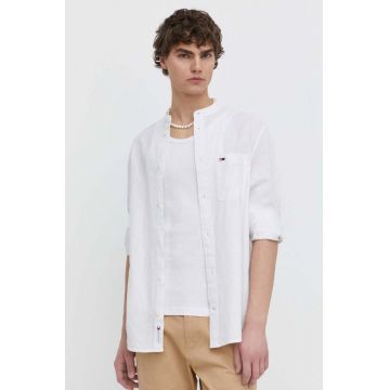 Tommy Jeans camasa din amestec de in culoarea alb, cu guler stand-up, regular