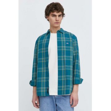 Tommy Jeans cămașă din bumbac bărbați, culoarea verde, cu guler clasic, regular DM0DM18968