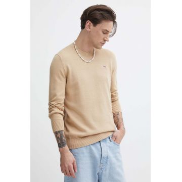 Tommy Jeans pulover de bumbac culoarea bej
