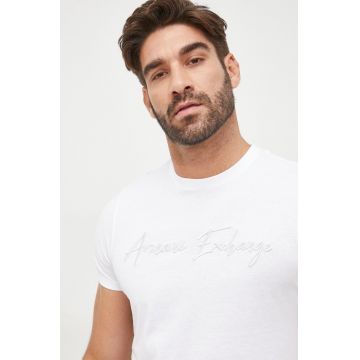 Armani Exchange tricou din bumbac culoarea alb, cu imprimeu