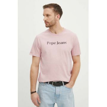 Pepe Jeans tricou din bumbac CLIFTON barbati, culoarea roz, cu imprimeu, PM509374