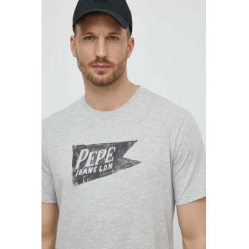 Pepe Jeans tricou din bumbac SINGLE CARDIFF barbati, culoarea gri, cu imprimeu, PM509401