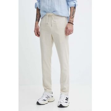 Solid pantaloni din in culoarea bej, drept