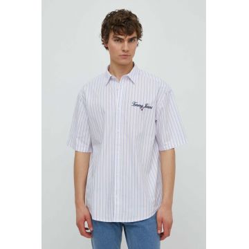 Tommy Jeans cămașă din bumbac bărbați, culoarea alb, cu guler clasic, relaxed, DM0DM18955