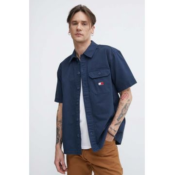 Tommy Jeans cămașă din bumbac bărbați, culoarea bleumarin, cu guler clasic, relaxed, DM0DM18969