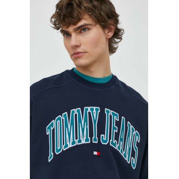 Tommy Jeans hanorac de bumbac bărbați, culoarea bleumarin, cu imprimeu, DM0DM18628