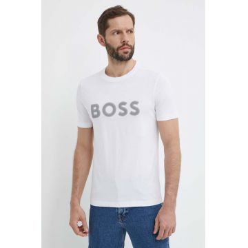 Boss Green tricou din bumbac barbati, culoarea alb, cu imprimeu
