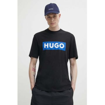 HUGO Blue tricou din bumbac bărbați, culoarea negru, cu imprimeu 50522376