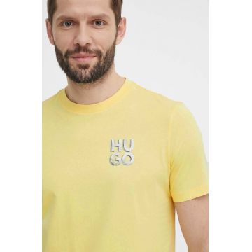 HUGO tricou din bumbac barbati, culoarea galben, cu imprimeu