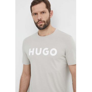 HUGO tricou din bumbac barbati, culoarea gri, cu imprimeu