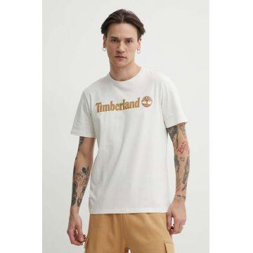 Timberland tricou din bumbac barbati, culoarea bej, cu imprimeu, TB0A5UPQCM91