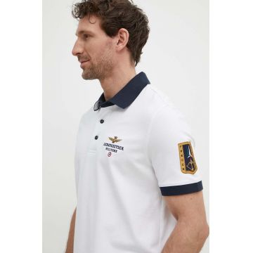 Aeronautica Militare tricou polo barbati, culoarea alb, cu imprimeu, PO1768P191