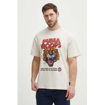 Puma tricou din bumbac bărbați, culoarea bej, cu imprimeu, 624737