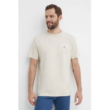 Tommy Jeans tricou din bumbac bărbați, culoarea bej, cu imprimeu, DM0DM18665