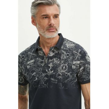 Medicine polo de bumbac bărbați, culoarea bleumarin, cu imprimeu