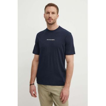 Sisley tricou din bumbac barbati, culoarea albastru marin, cu imprimeu