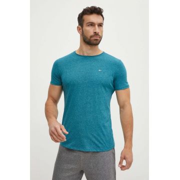 Tommy Jeans tricou barbati, culoarea turcoaz, neted, DM0DM09586