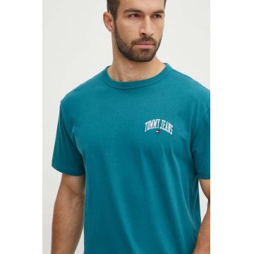 Tommy Jeans tricou din bumbac bărbați, culoarea verde, cu imprimeu, DM0DM18665