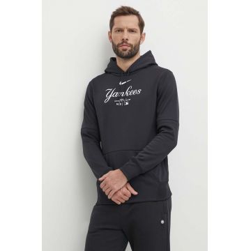 Nike bluza New York Yankees barbati, culoarea negru, cu glugă, cu imprimeu