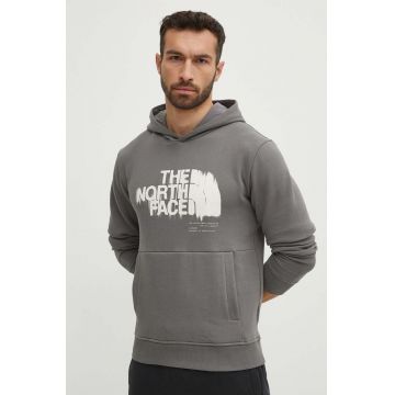 The North Face hanorac de bumbac barbati, culoarea gri, cu glugă, cu imprimeu, NF0A87ET0UZ1