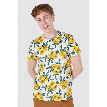 Tricou din bumbac cu decolteu la baza gatului si imprimeu floral