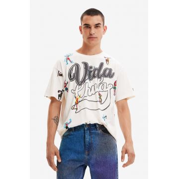 Desigual tricou din bumbac culoarea bej, cu imprimeu