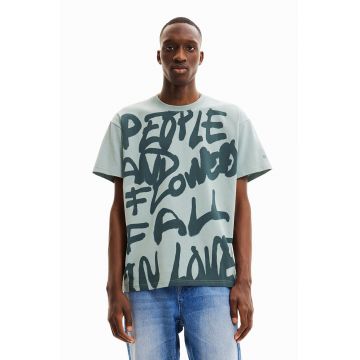 Desigual tricou din bumbac culoarea verde, cu imprimeu