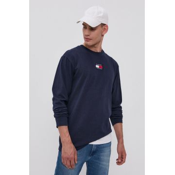 Tommy Jeans Longsleeve bărbați, culoarea albastru marin, cu imprimeu