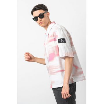 Camasa cu imprimeu si guler clasic - Alb/Roz aprins/Roz