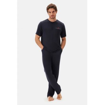 Pijama cu pantaloni lungi si model uni - Bleumarin