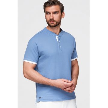 Tricou de bumbac cu fenta cu nasturi - Albastru pastel