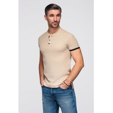 Tricou de bumbac cu fenta cu nasturi - Bej