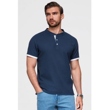 Tricou de bumbac cu fenta cu nasturi - Bleumarin
