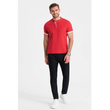 Tricou de bumbac cu fenta cu nasturi - Rosu