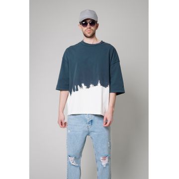 Tricou lejer din bumbac cu decolteu la baza gatului - Alb optic/Albastru petrol