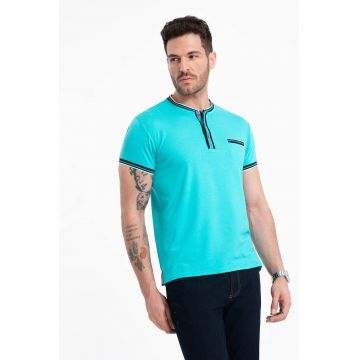 Tricou Henley cu accente in dungi - Negru/Turcoaz
