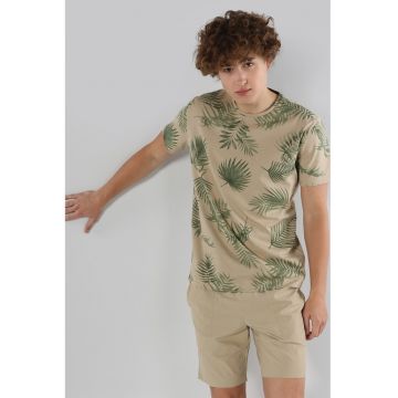 Tricou cu decolteu la baza gatului si model tropical