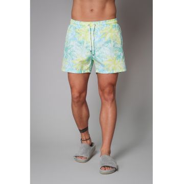 Pantaloni scurti de baie cu imprimeu tropical si buzunare laterale