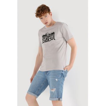 Tricou de bumbac cu imprimeu grafic si text - Negru/Gri