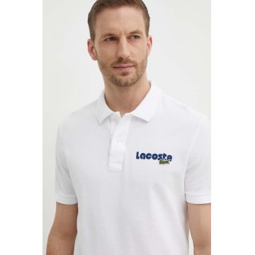 Lacoste polo de bumbac culoarea alb, cu imprimeu