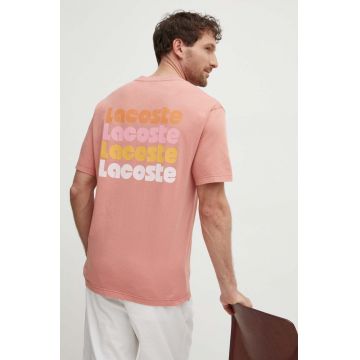Lacoste tricou din bumbac barbati, culoarea roz, cu imprimeu