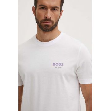 BOSS tricou din bumbac barbati, culoarea alb, cu imprimeu, 50521209