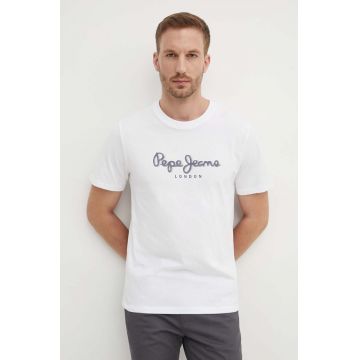 Pepe Jeans tricou din bumbac ABEL barbati, culoarea alb, cu imprimeu, PM509428