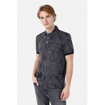 Tricou polo din bumbac cu imprimeu tropical - Gri inchis