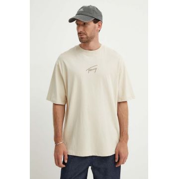 Tommy Jeans tricou din bumbac bărbați, culoarea bej, cu imprimeu, DM0DM18663