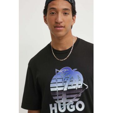 Hugo Blue tricou din bumbac barbati, culoarea negru, cu imprimeu, 50519047